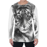 Monochrome Watercolor White Tiger Print Men's Long Sleeve T-Shirt