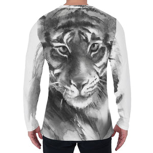 Monochrome Watercolor White Tiger Print Men's Long Sleeve T-Shirt