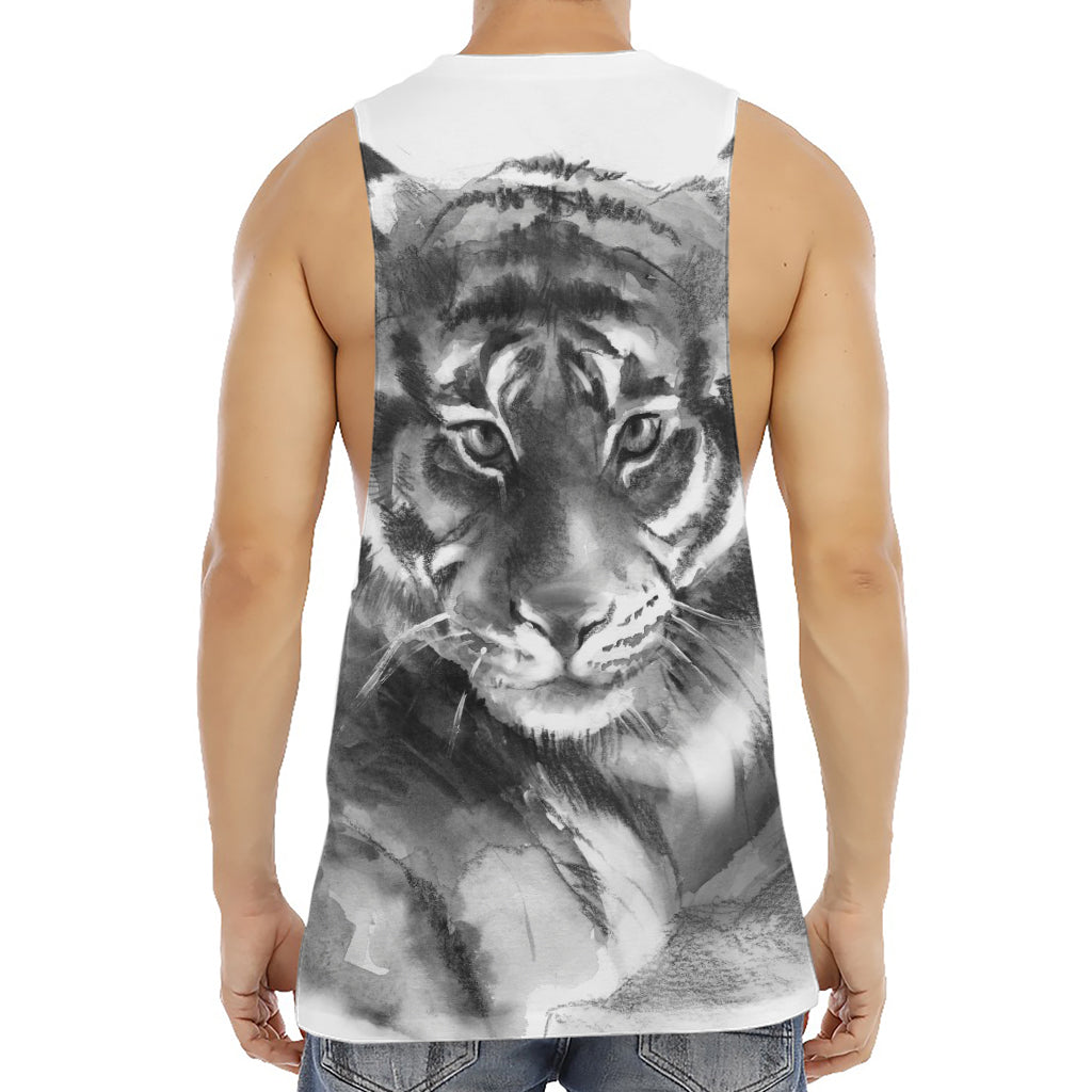 Monochrome Watercolor White Tiger Print Men's Muscle Tank Top