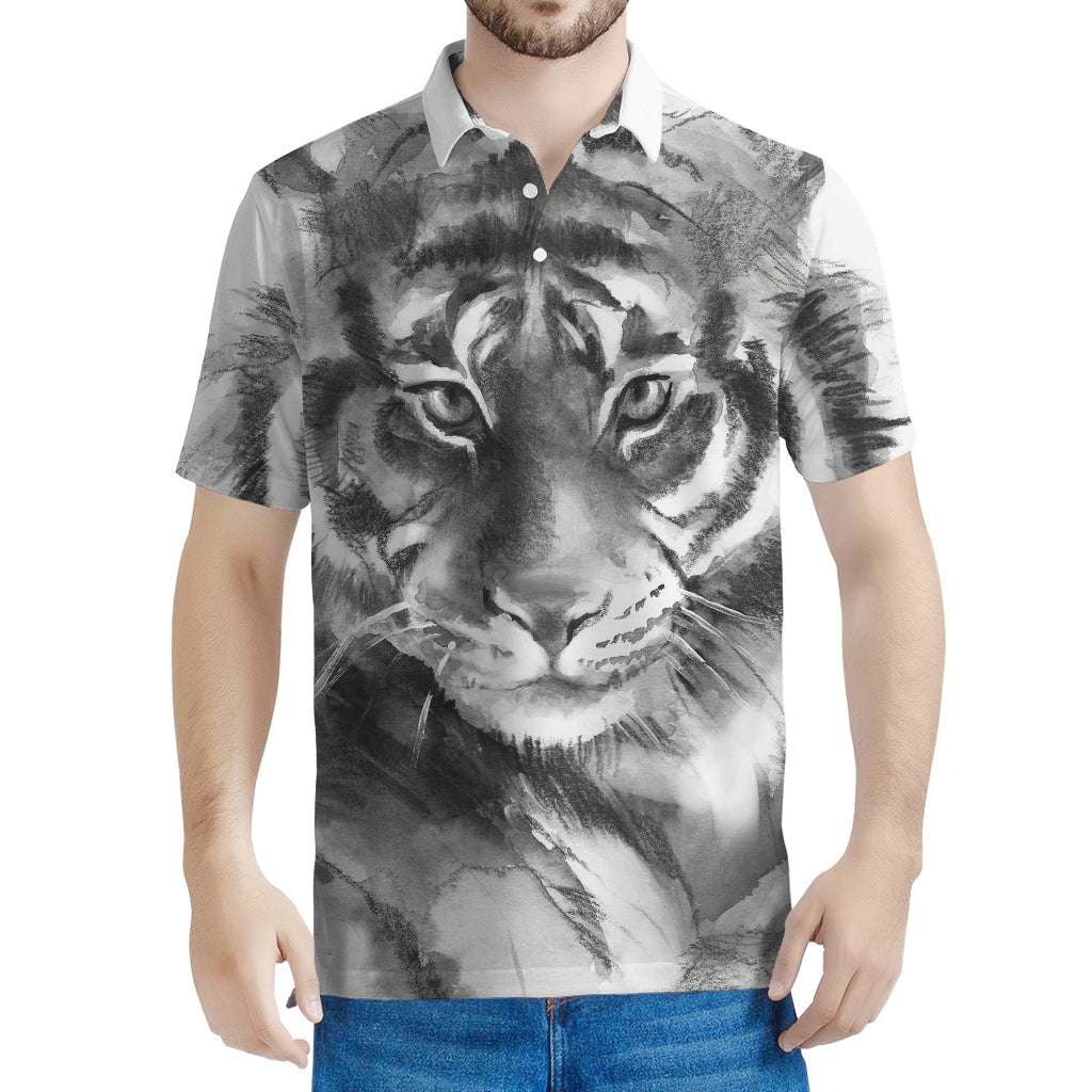 Monochrome Watercolor White Tiger Print Men's Polo Shirt