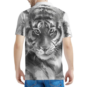 Monochrome Watercolor White Tiger Print Men's Polo Shirt