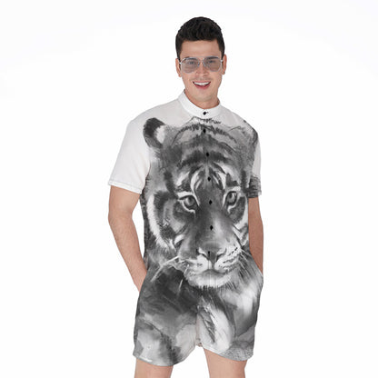 Monochrome Watercolor White Tiger Print Men's Rompers