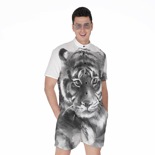 Monochrome Watercolor White Tiger Print Men's Rompers