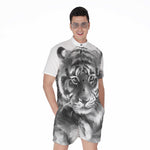 Monochrome Watercolor White Tiger Print Men's Rompers