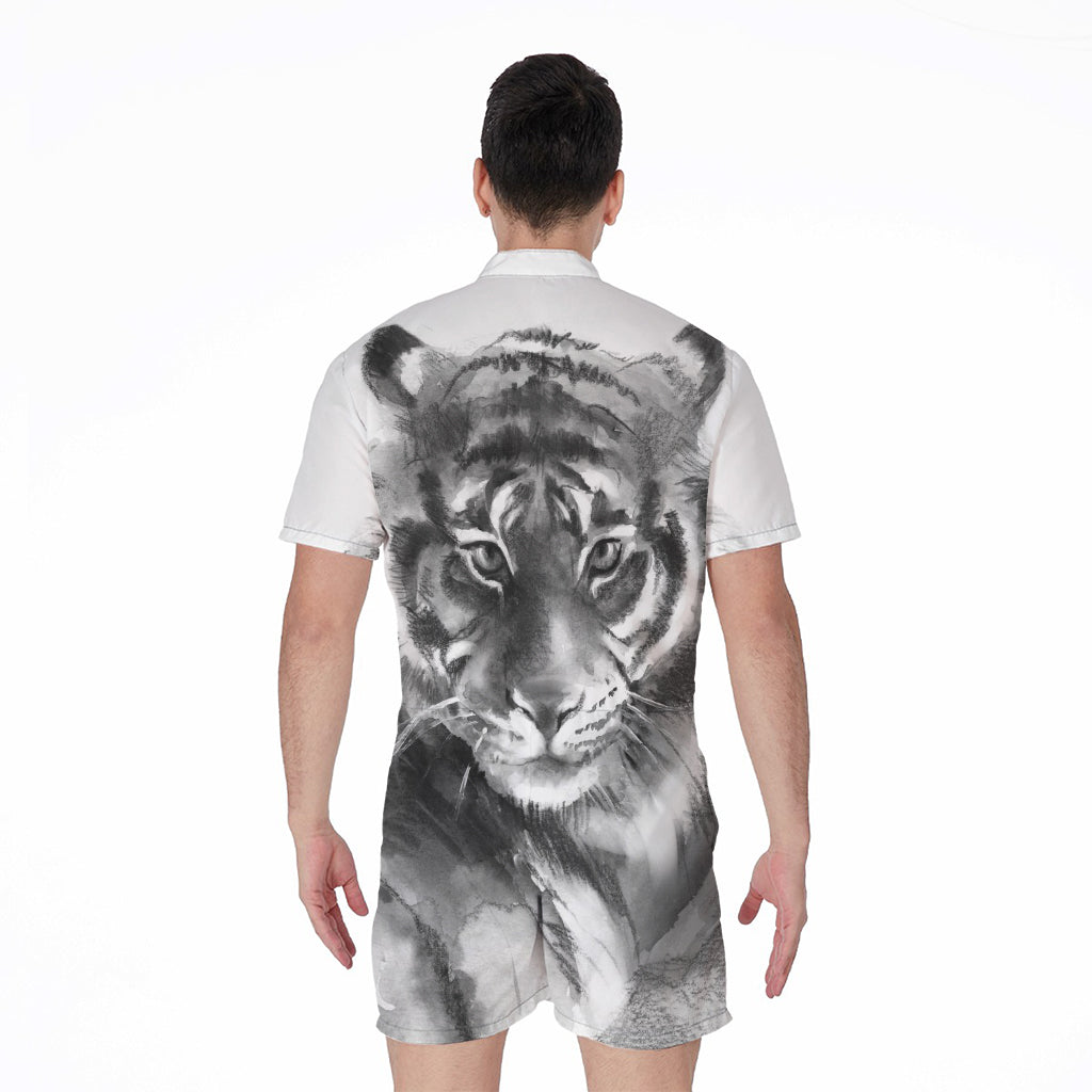 Monochrome Watercolor White Tiger Print Men's Rompers