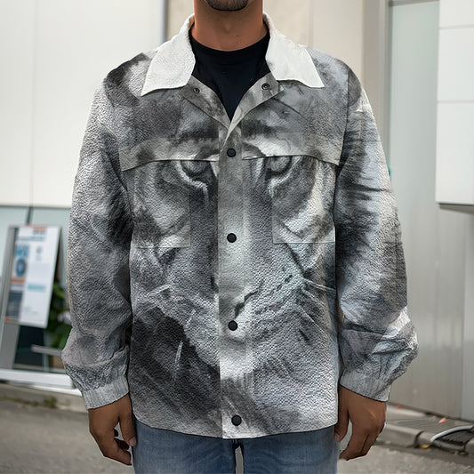 Monochrome Watercolor White Tiger Print Men's Shirt Jacket