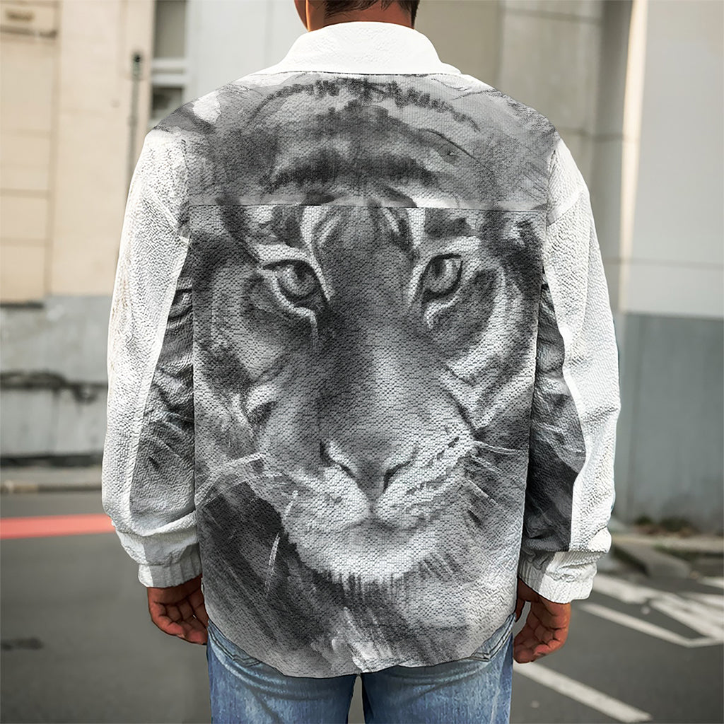 Monochrome Watercolor White Tiger Print Men's Shirt Jacket