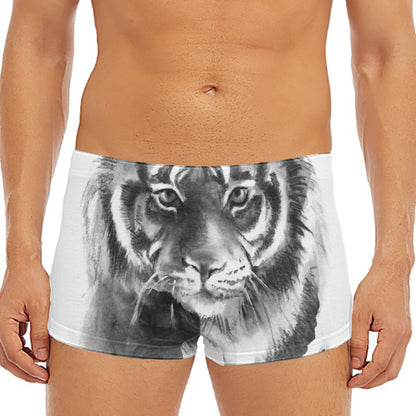 Monochrome Watercolor White Tiger Print Men's Short Boxer Briefs