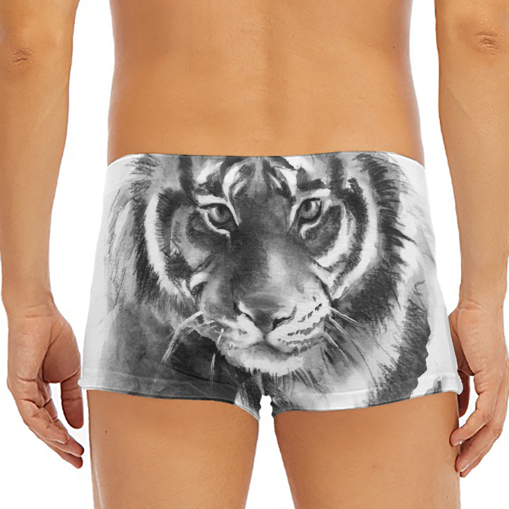 Monochrome Watercolor White Tiger Print Men's Short Boxer Briefs