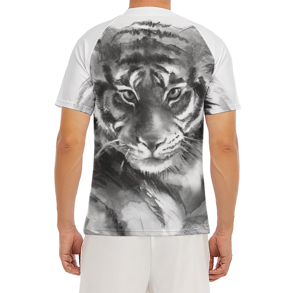 Monochrome Watercolor White Tiger Print Men's Short Sleeve Rash Guard