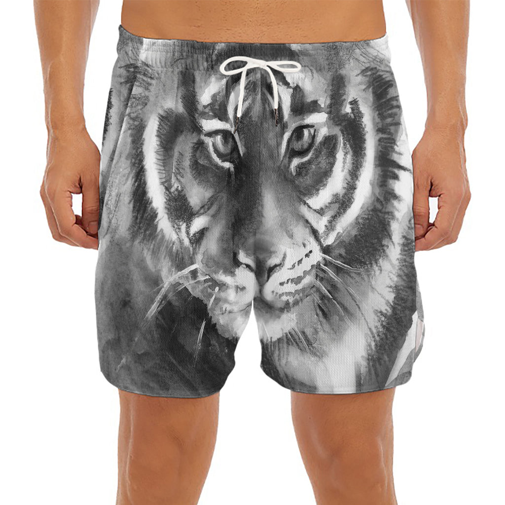Monochrome Watercolor White Tiger Print Men's Split Running Shorts