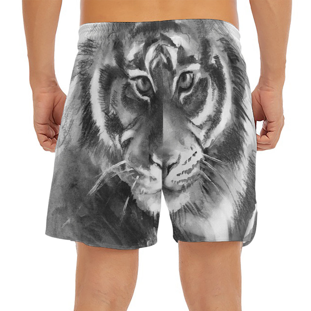 Monochrome Watercolor White Tiger Print Men's Split Running Shorts