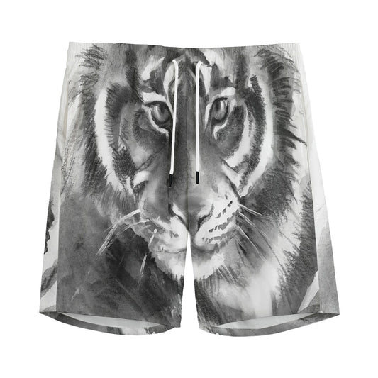 Monochrome Watercolor White Tiger Print Men's Sports Shorts
