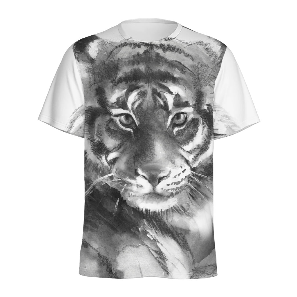 Monochrome Watercolor White Tiger Print Men's Sports T-Shirt