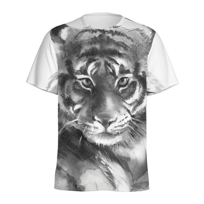 Monochrome Watercolor White Tiger Print Men's Sports T-Shirt