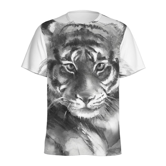 Monochrome Watercolor White Tiger Print Men's Sports T-Shirt