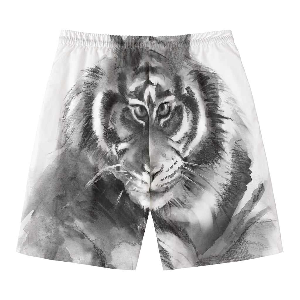Monochrome Watercolor White Tiger Print Men's Swim Trunks