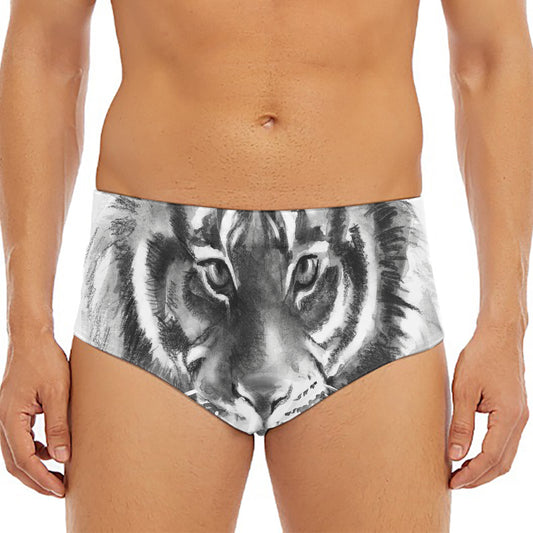 Monochrome Watercolor White Tiger Print Men's Triangle Swim Briefs
