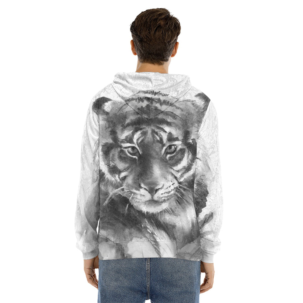 Monochrome Watercolor White Tiger Print Men's Velvet Pullover Hoodie