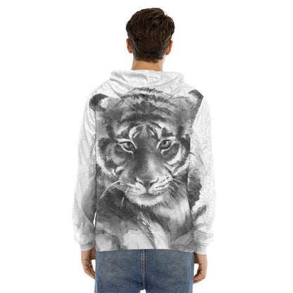 Monochrome Watercolor White Tiger Print Men's Velvet Pullover Hoodie