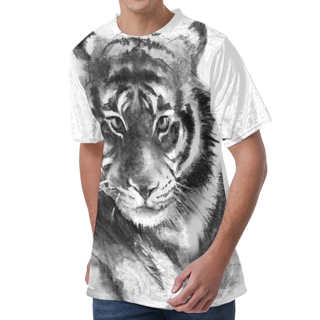 Monochrome Watercolor White Tiger Print Men's Velvet T-Shirt