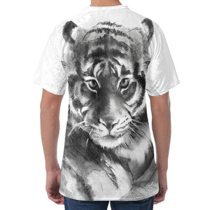 Monochrome Watercolor White Tiger Print Men's Velvet T-Shirt