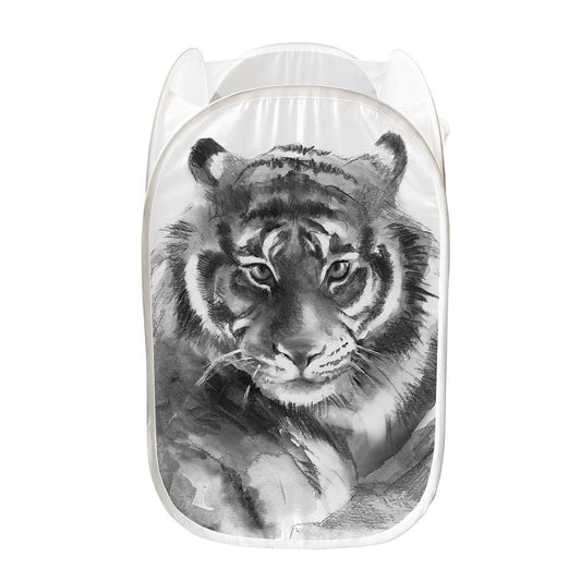Monochrome Watercolor White Tiger Print Mesh Laundry Hamper