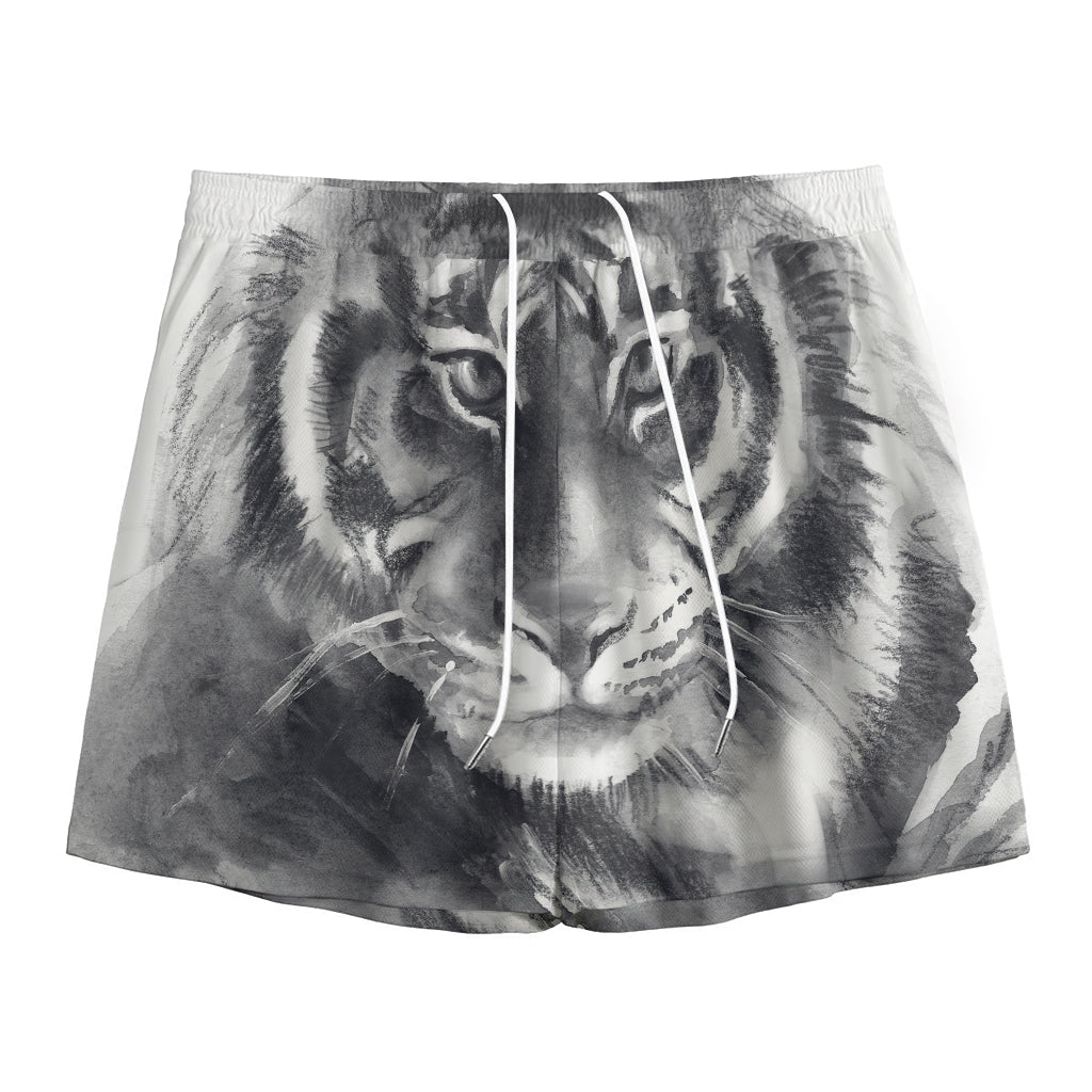 Monochrome Watercolor White Tiger Print Mesh Shorts