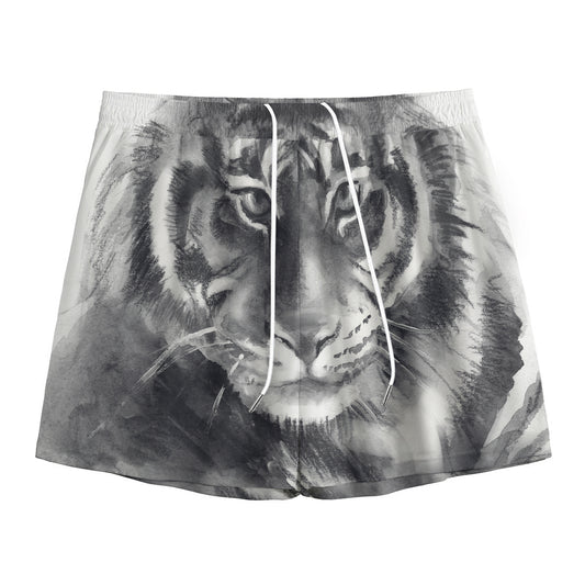 Monochrome Watercolor White Tiger Print Mesh Shorts