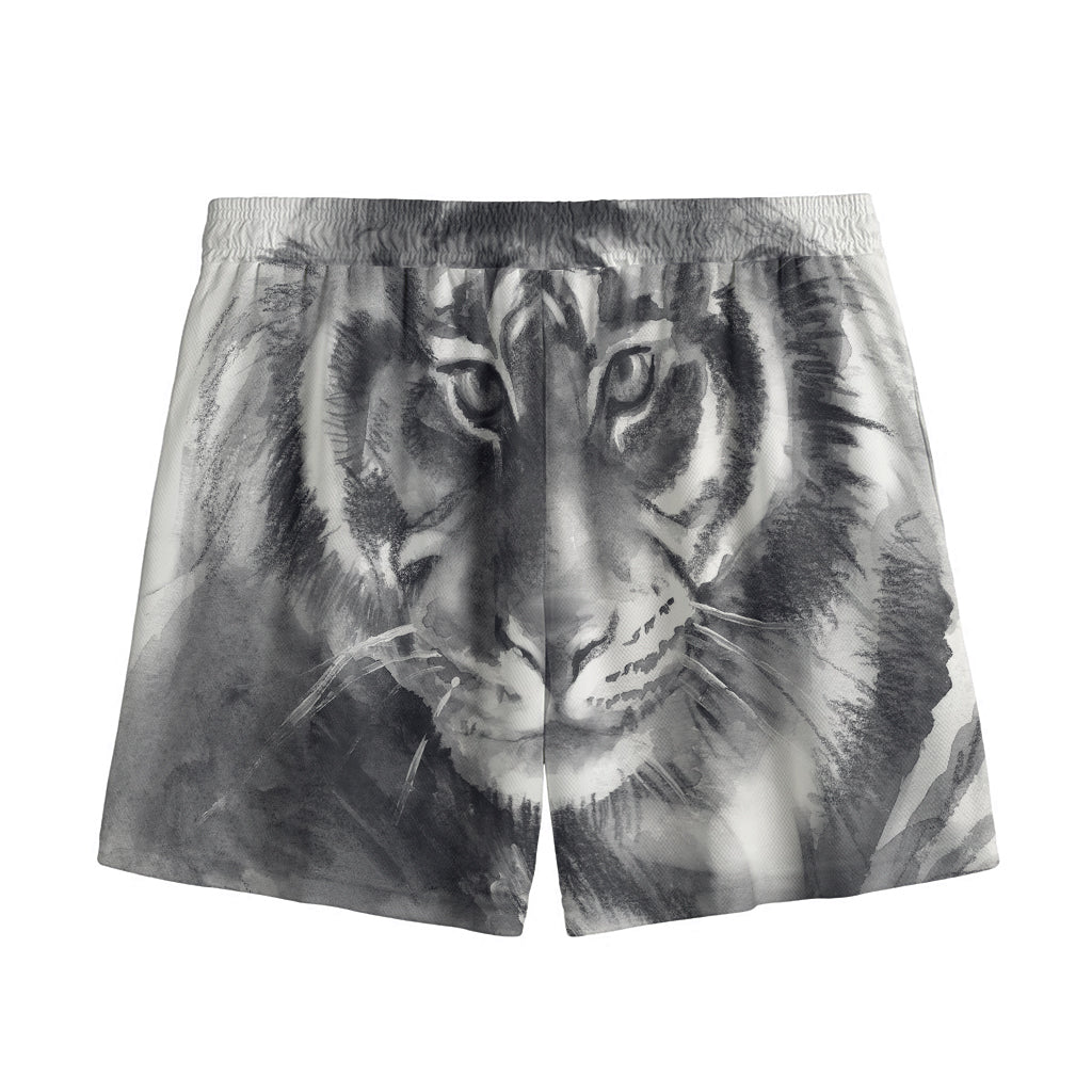 Monochrome Watercolor White Tiger Print Mesh Shorts