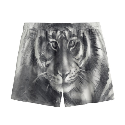 Monochrome Watercolor White Tiger Print Mesh Shorts