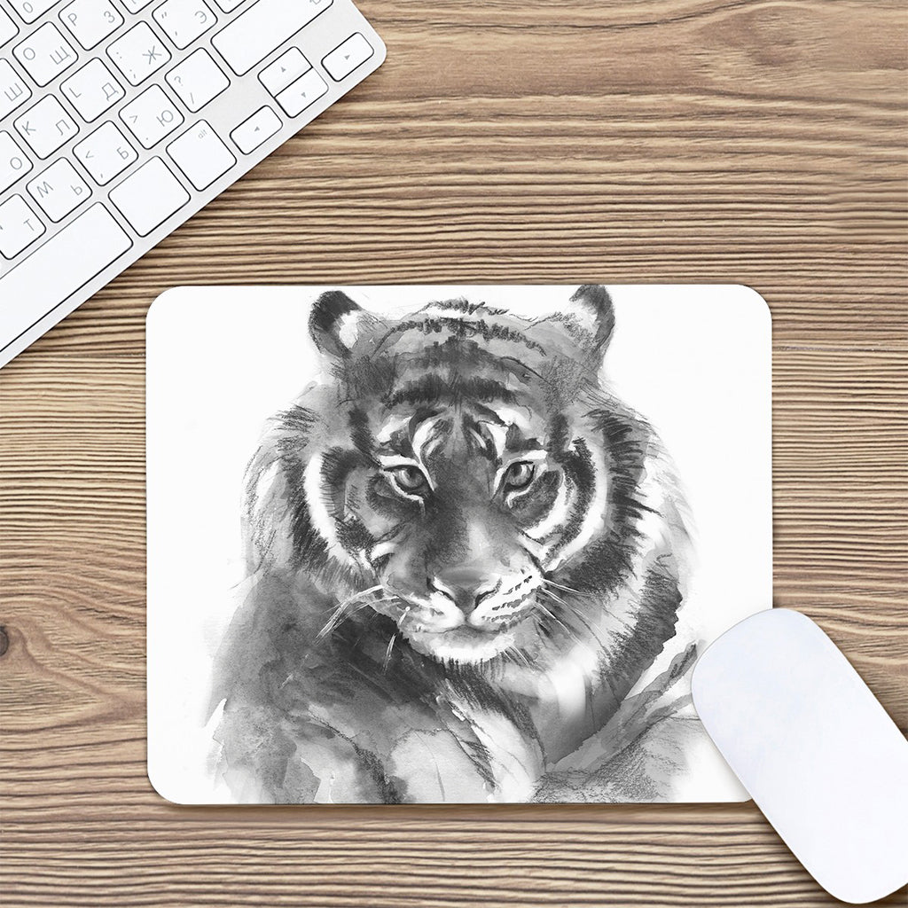 Monochrome Watercolor White Tiger Print Mouse Pad