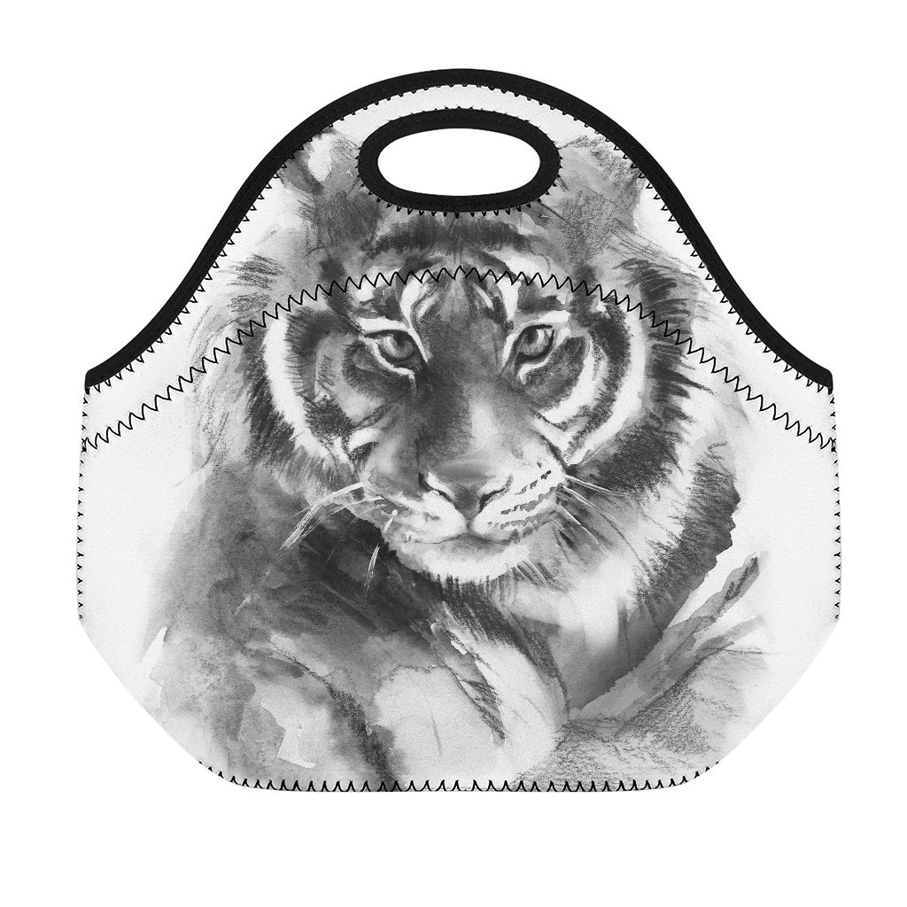 Monochrome Watercolor White Tiger Print Neoprene Lunch Bag