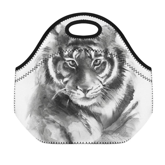 Monochrome Watercolor White Tiger Print Neoprene Lunch Bag