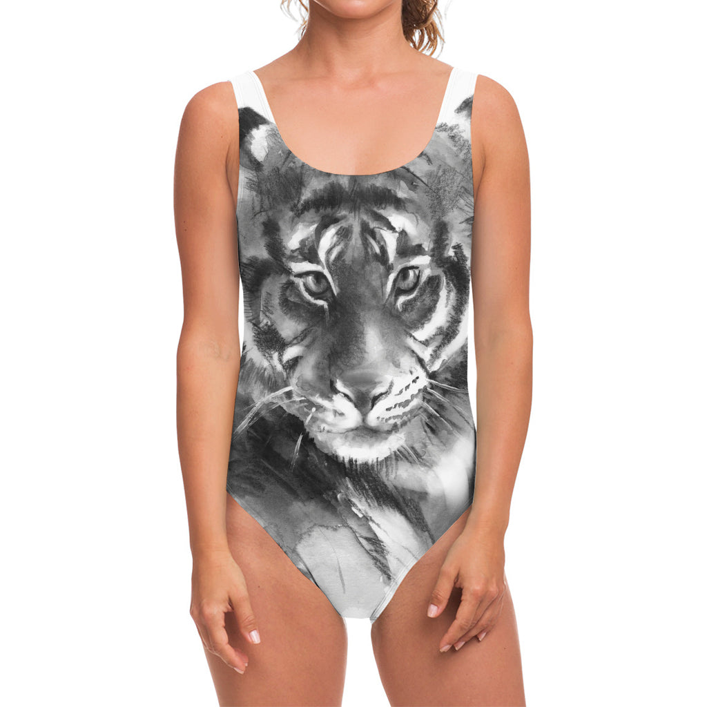 Monochrome Watercolor White Tiger Print One Piece Swimsuit