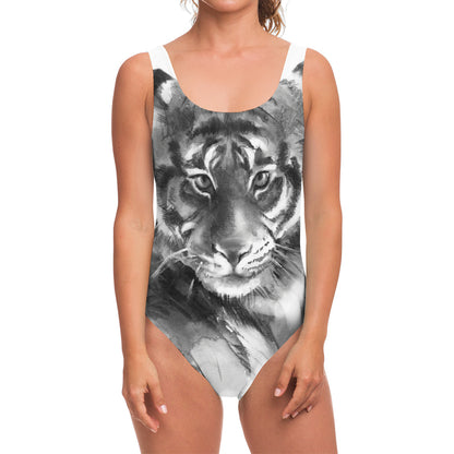 Monochrome Watercolor White Tiger Print One Piece Swimsuit