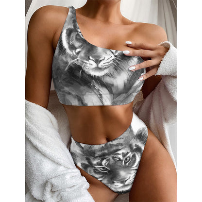 Monochrome Watercolor White Tiger Print One Shoulder Bikini Top
