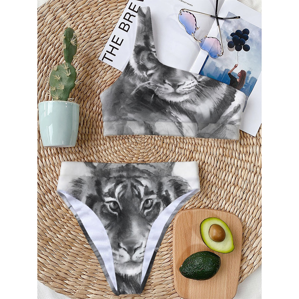 Monochrome Watercolor White Tiger Print One Shoulder Bikini Top