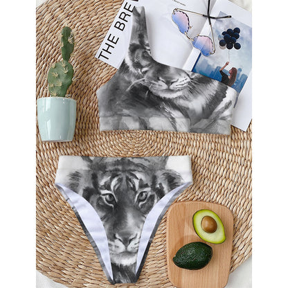 Monochrome Watercolor White Tiger Print One Shoulder Bikini Top