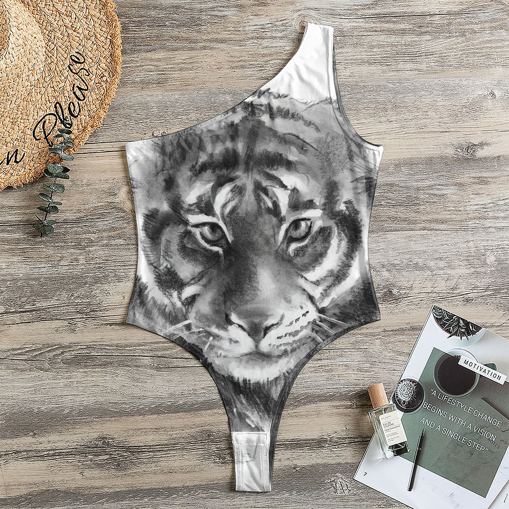Monochrome Watercolor White Tiger Print One Shoulder Bodysuit