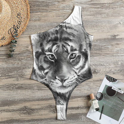 Monochrome Watercolor White Tiger Print One Shoulder Bodysuit
