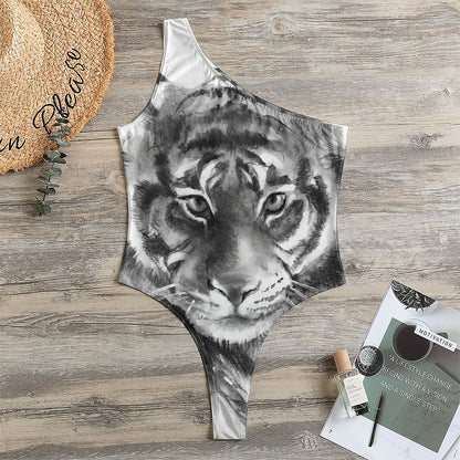 Monochrome Watercolor White Tiger Print One Shoulder Bodysuit
