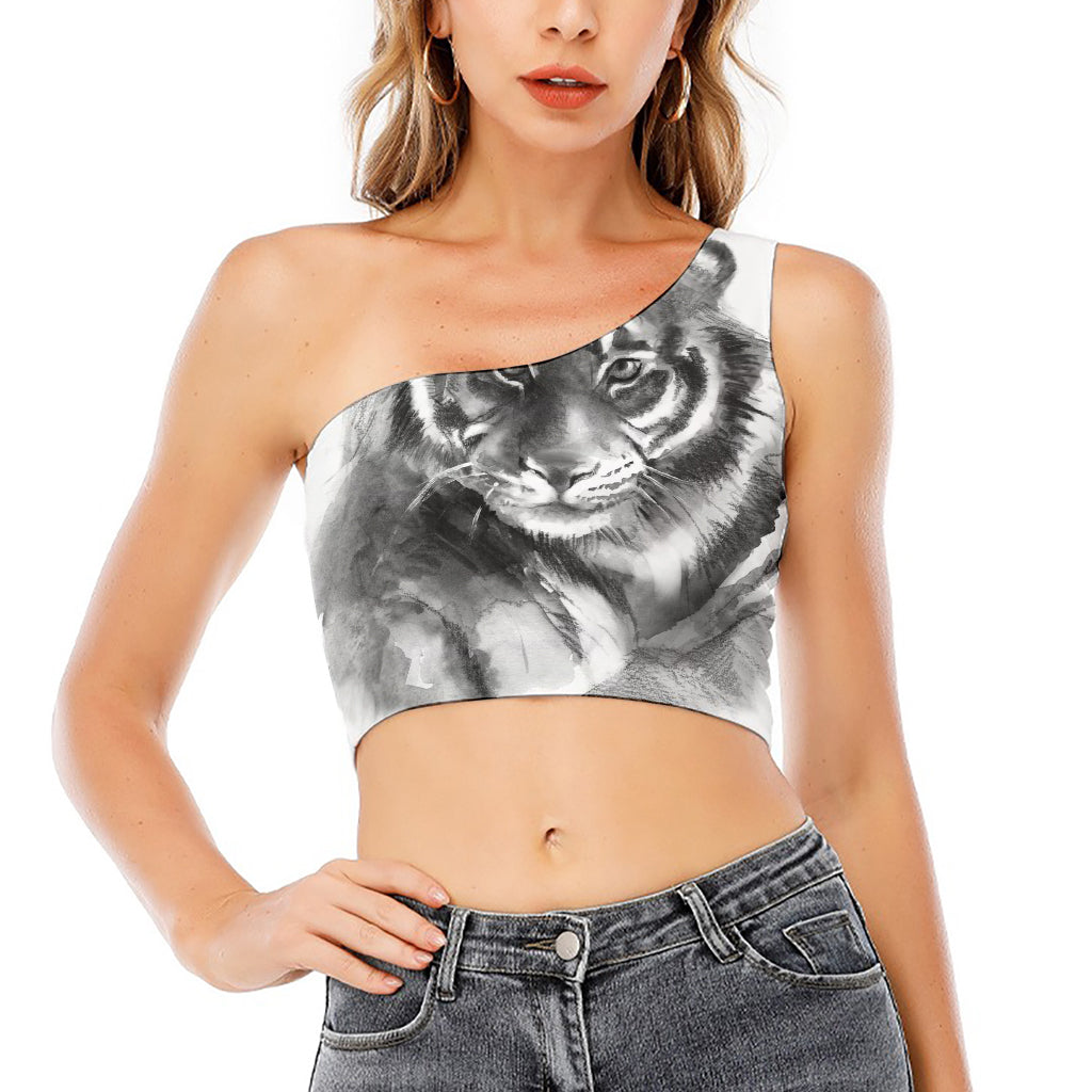 Monochrome Watercolor White Tiger Print One Shoulder Crop Top