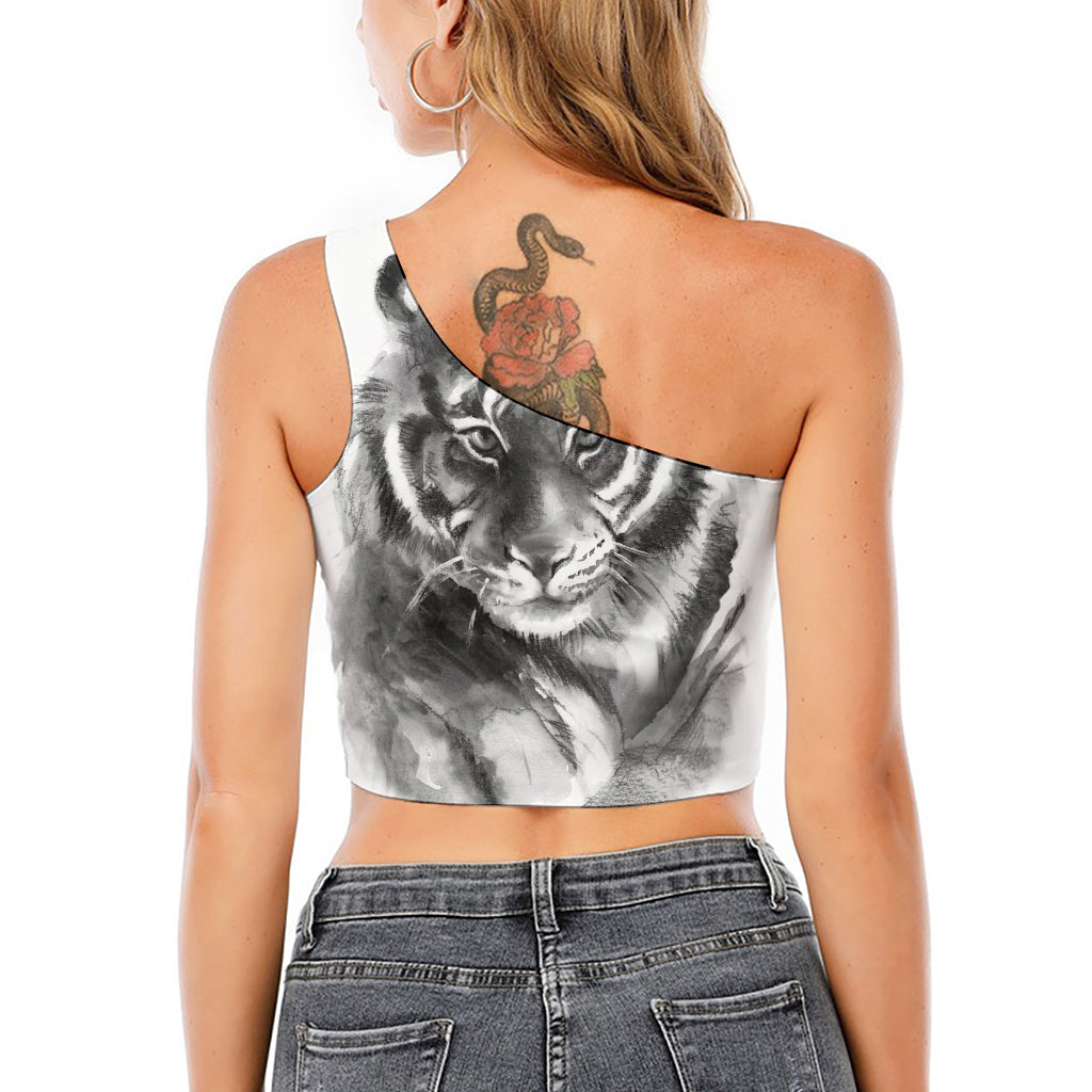 Monochrome Watercolor White Tiger Print One Shoulder Crop Top