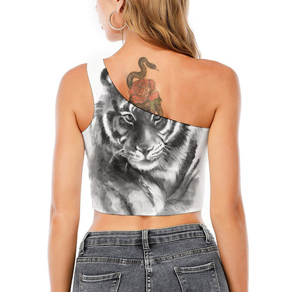 Monochrome Watercolor White Tiger Print One Shoulder Crop Top