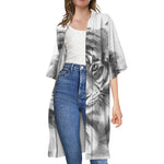 Monochrome Watercolor White Tiger Print Open Front Beach Cover Up