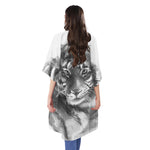 Monochrome Watercolor White Tiger Print Open Front Beach Cover Up