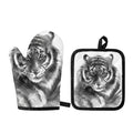 Monochrome Watercolor White Tiger Print Oven Mitt And Pot Holder Set