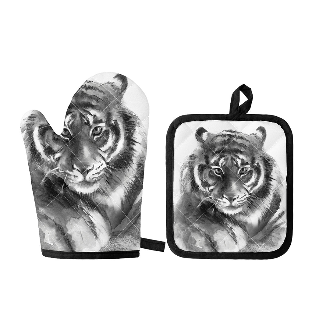Monochrome Watercolor White Tiger Print Oven Mitt And Pot Holder Set