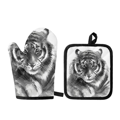 Monochrome Watercolor White Tiger Print Oven Mitt And Pot Holder Set